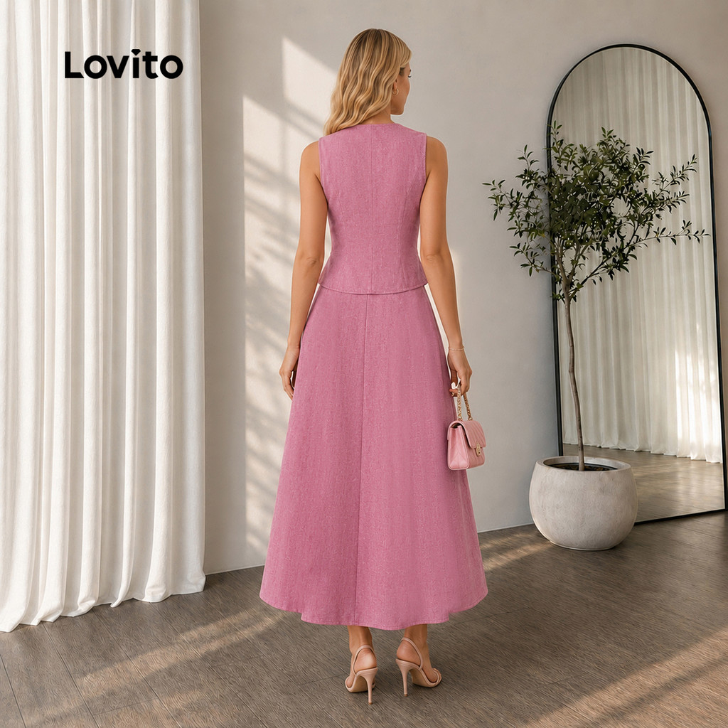 (New Arrival) Lovito Saia Rosa Casual Plissada Feminina botão Bolso Falso prim/verão férias/trab Top/parte Inferior KSB39BR090 · foto 2