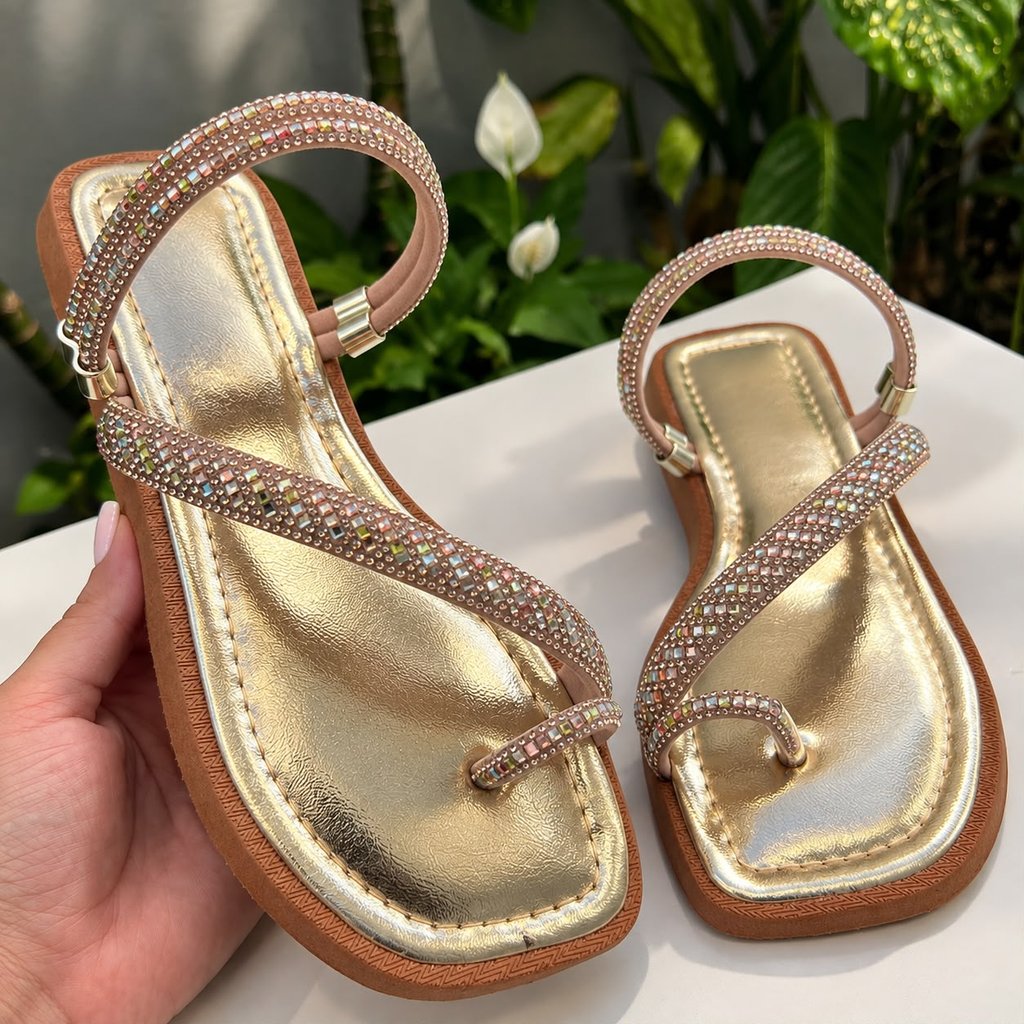 Sandália Feminina Varella Flatform Pedraria Confortável Strass