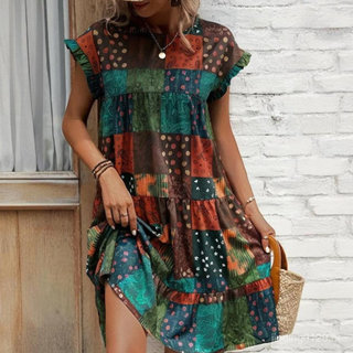 Vestidos femininos com mangas estilo morcego, bainha com babados e estampa patchwork na cor bordô, modelo YY5G.