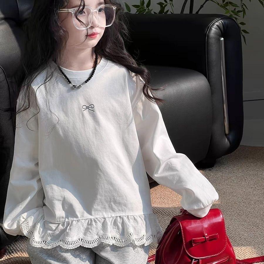 Meninas camiseta 2026 primavera crianças versão coreana costura de manga comprida médio grande crianças moda All-Match c