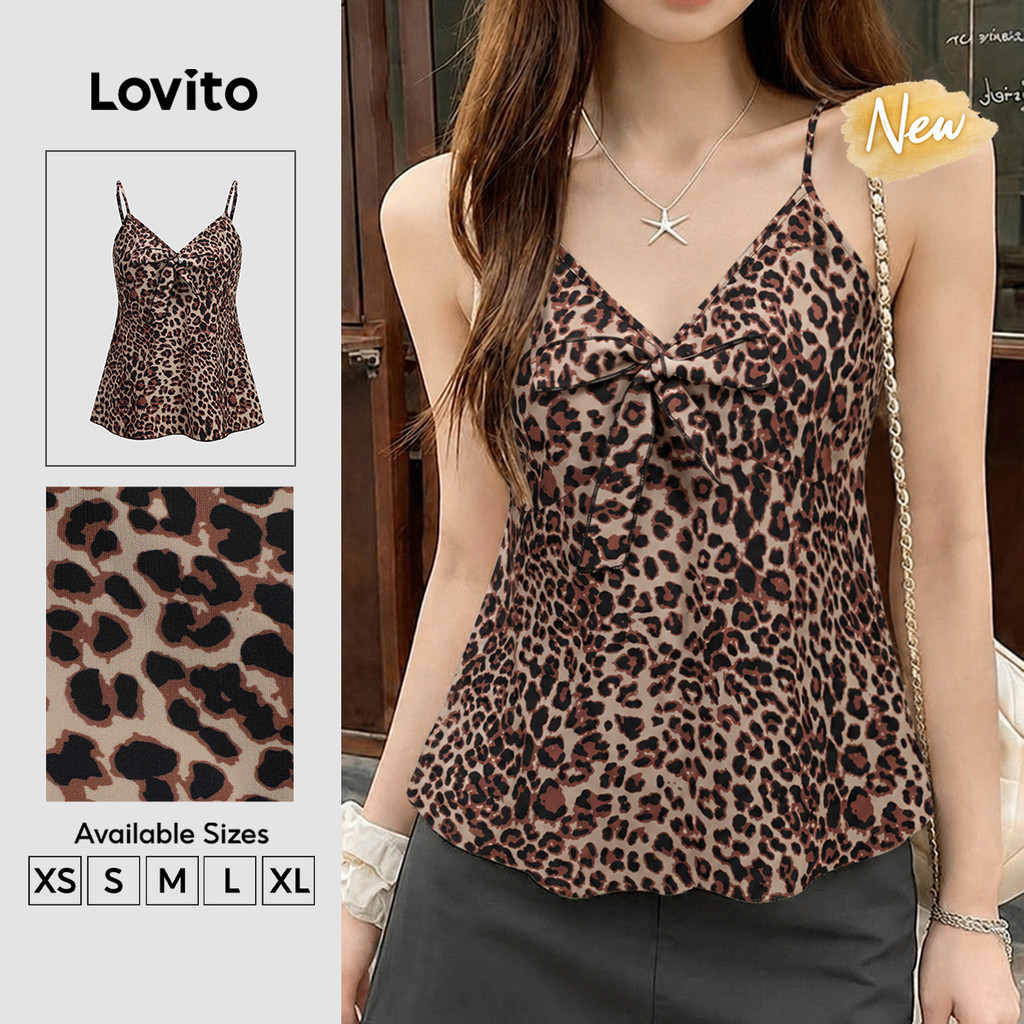 (New Arrival) Lovito Top Boho Leopardo Sem Mangas Com Alças Finas E Amarração Estilo Resort Verão E Férias Feminino TKB205P2D210