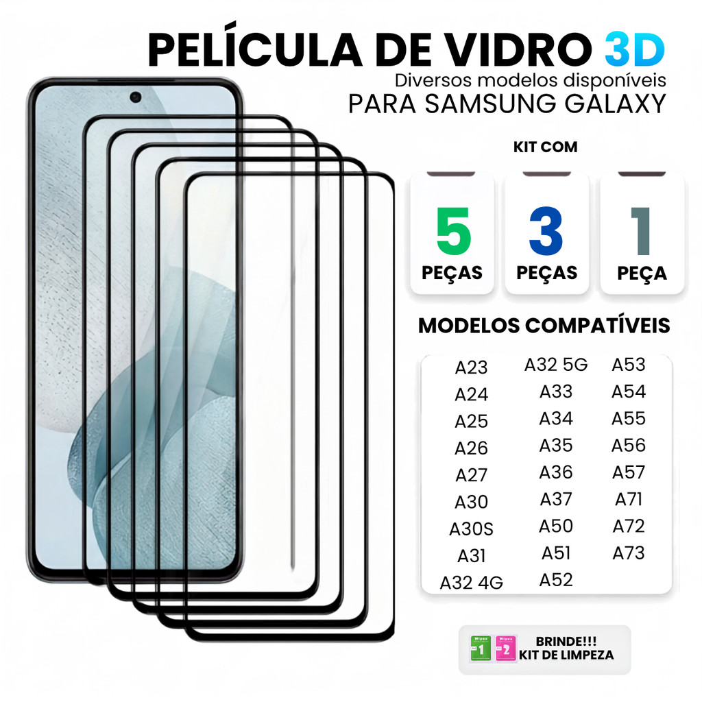 Pelicula De Vidro 3D Temperado Compatível Galaxy A23 A24 A25 A26 A27 A34 A35 A36 A37 A54 A55 A56 A57