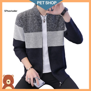 Sp Outono Masculino Manga Comprida Suéter De Malha Grosso Quente Cor Bloco Zip Jaqueta Casaco