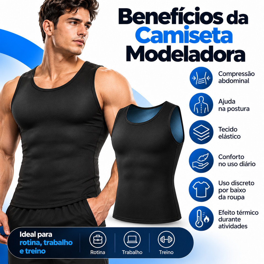 Camiseta Modeladora Masculina Compressão Abdominal Slim Efeito Térmico Postura Fitness Academia