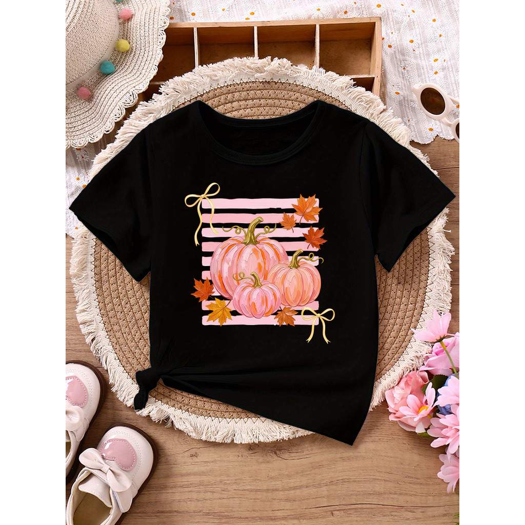 Abóboras Outono Arco Impresso T Camisa Meninas Ação De Graças Camiseta Engraçado Crianças Roupas Manga Curta