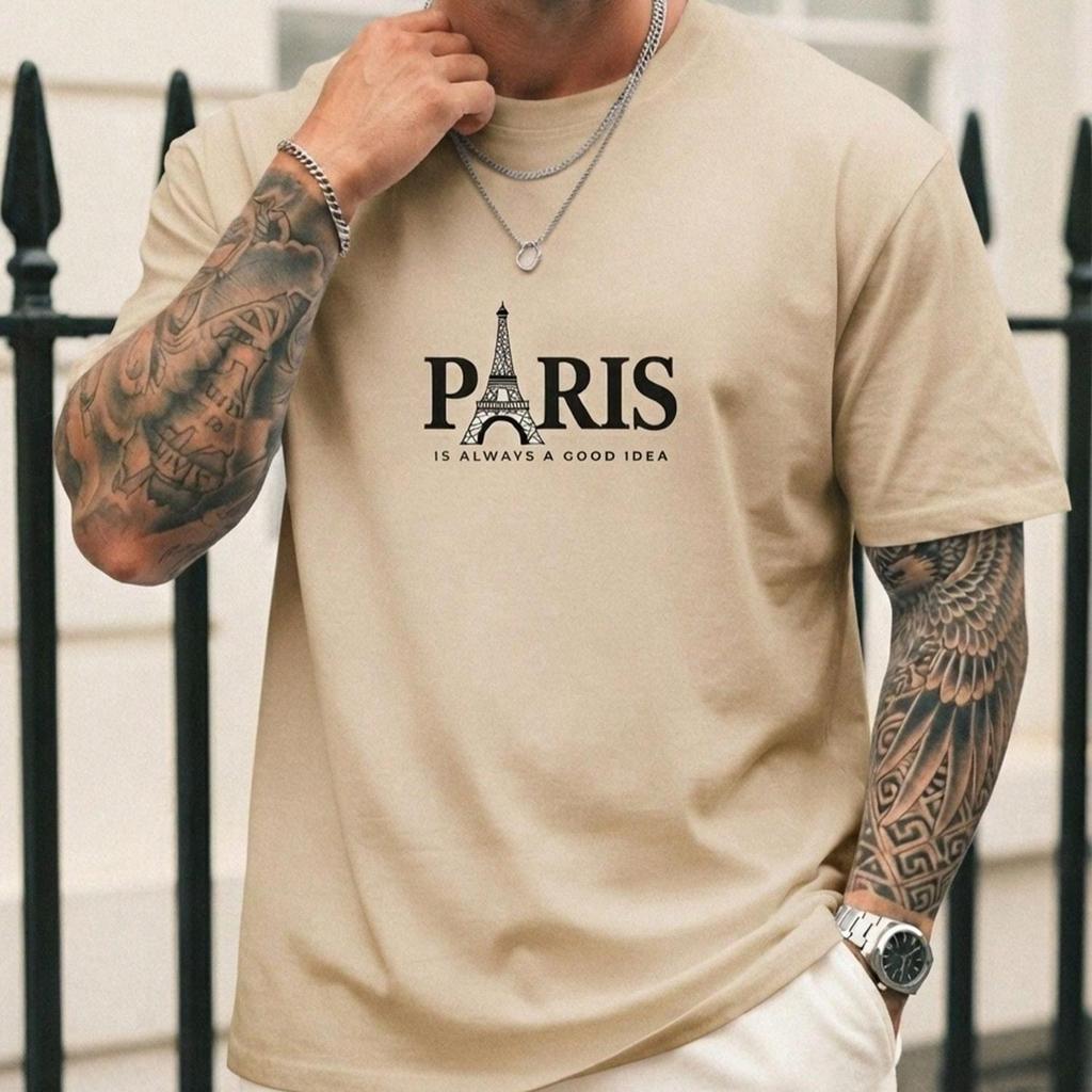 Camiseta Masculina Estilosa Estampada Paris Torre Academia Treino Tecido Respirável Premium Elegante