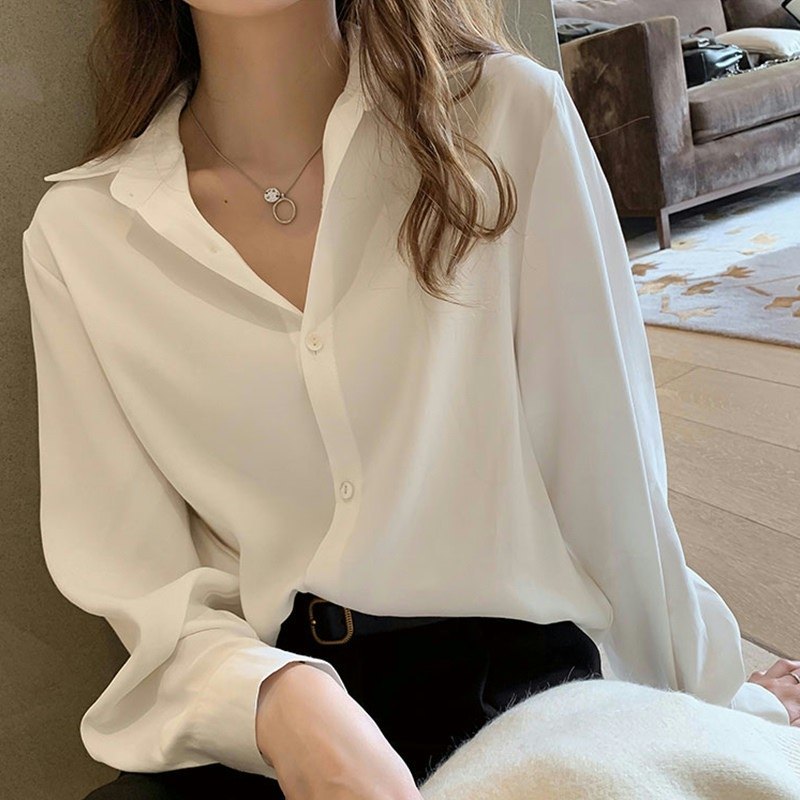 Camisa de Chiffon feminina versão coreana primavera outono solta tamanho grande feminino manga comprida topo elegante mo