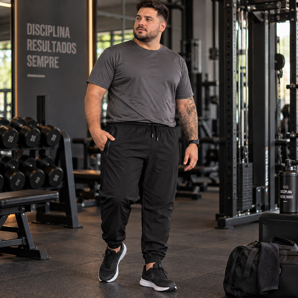 Calça Jogger Masculina Plus Size Poliamida com Elastano Esportiva Leve Academia Casual Confortavel Bolsos com Zíper