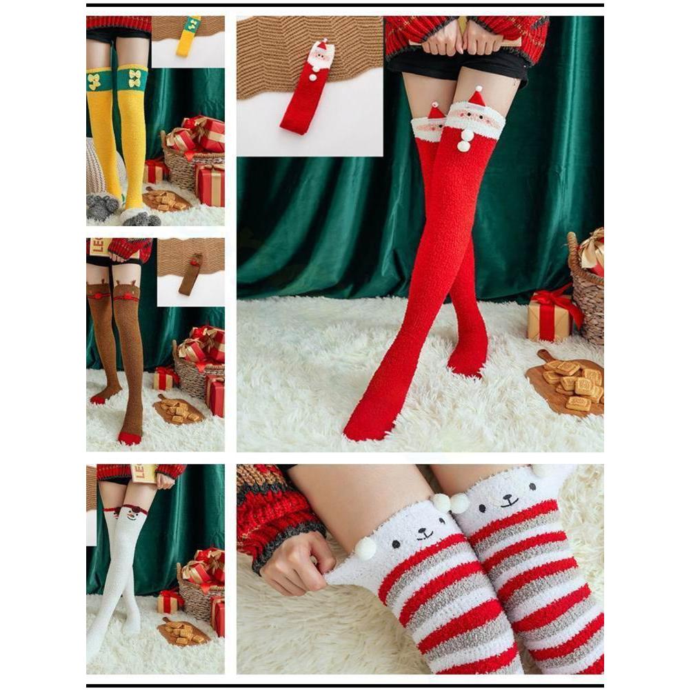 Meias de natal bonito sobre o joelho Coral velo meias femininas outono inverno forro de lã engrossado meias quentes inve
