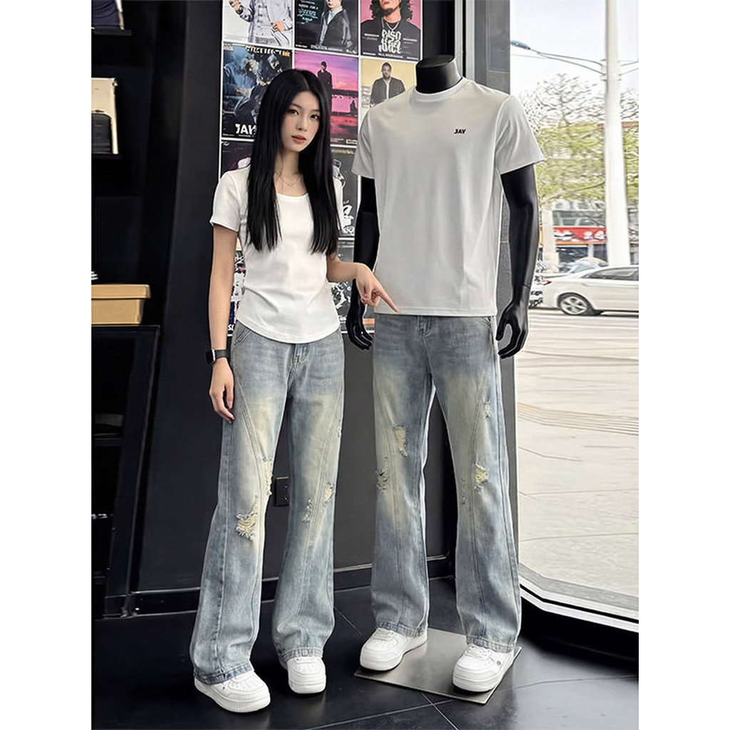 Moda americana tendência High Street rasgado Jeans masculino na moda Retro lavado angustiado ligeiramente solto calças r