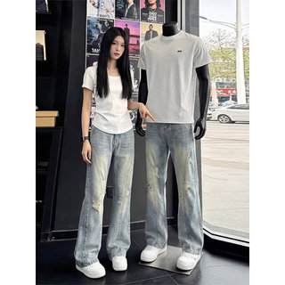 Moda americana tendência High Street rasgado Jeans masculino na moda Retro lavado angustiado ligeiramente solto calças r