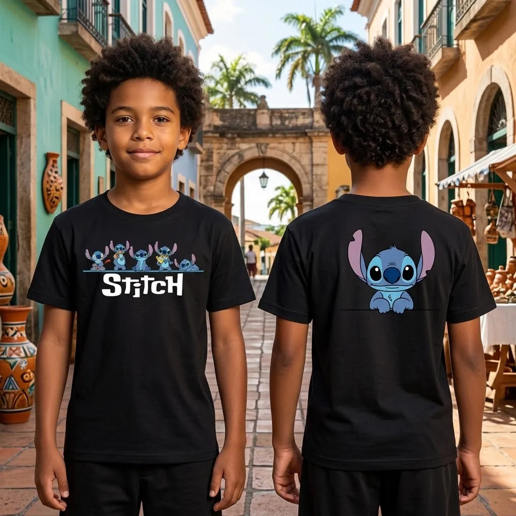 Camiseta Infantil Stitch Estampa Divertida Personagem Fofa Casual Confortável Para Meninos e Meninas Presente