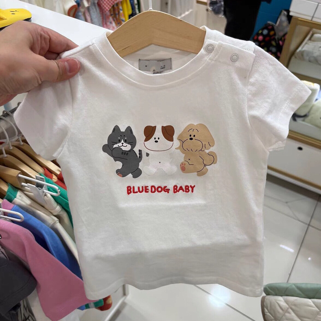 Coreano crianças roupas 26 verão novo estilo crianças bebê branco dos desenhos animados impressão bonito moda All-Match 