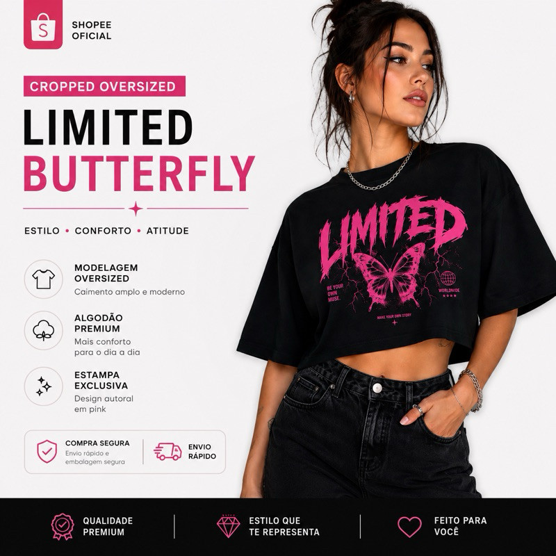 Cropped Oversized Feminino Algodão Estampa Pink Tendência Confortável nas Cores Preto e OffWhite Envio Imediato
