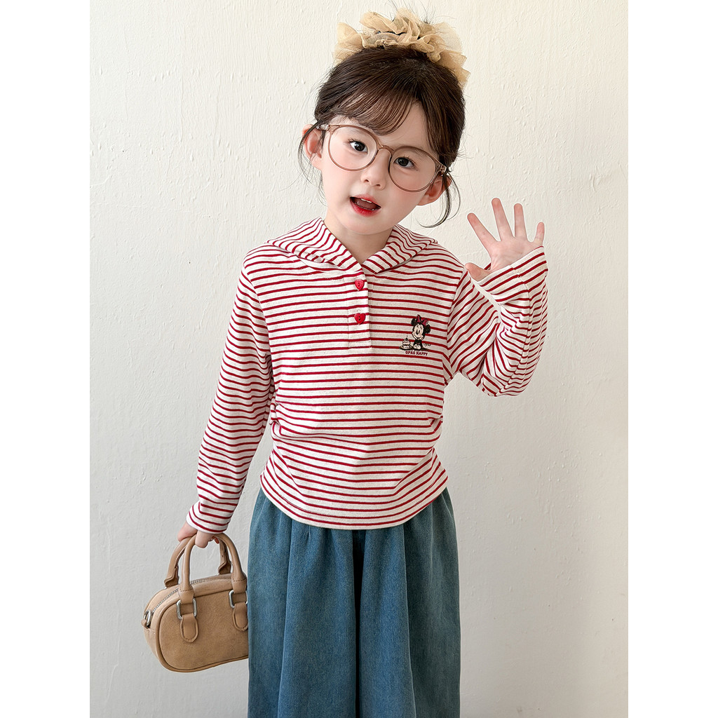 Estilo ocidental meninas roupas de outono com capuz manga comprida camiseta bebê menina primavera outono listrado camisa