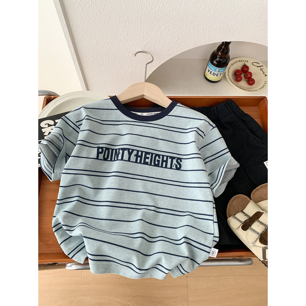 Meninos verão listrado camiseta de manga curta 2026 novo estilo crianças em torno do pescoço estilo fino respirável meia