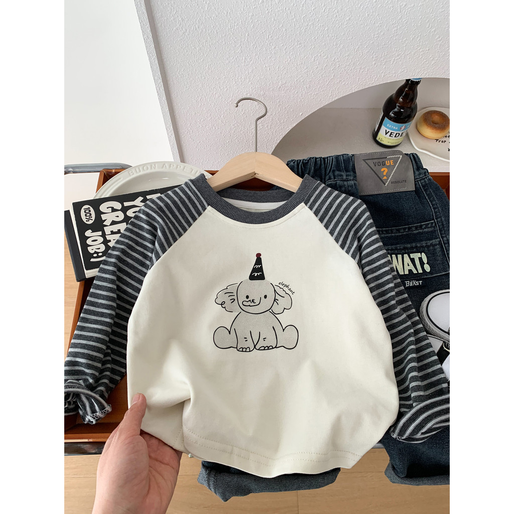 Crianças bebê dos desenhos animados listrado manga comprida camiseta novo estilo meninos meninas fino em torno do pescoç