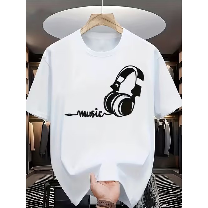 Camiseta Manga Curta Estampada Fone de Ouvido Música Confortável Moderna Estilosa Divertida para Moda Casual Tendência