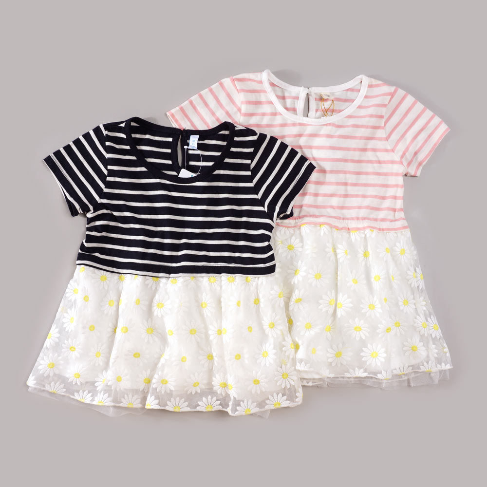 Meninas verão saia listrada em torno do pescoço de manga curta camiseta crianças verão camisa de fundo topo