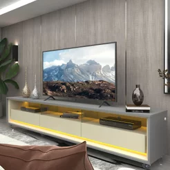 Rack para TV até 85 Polegadas com LED 100% MDF 211,4cm Rodízios Requinte Yescasa Cinza Cinza/Off White
