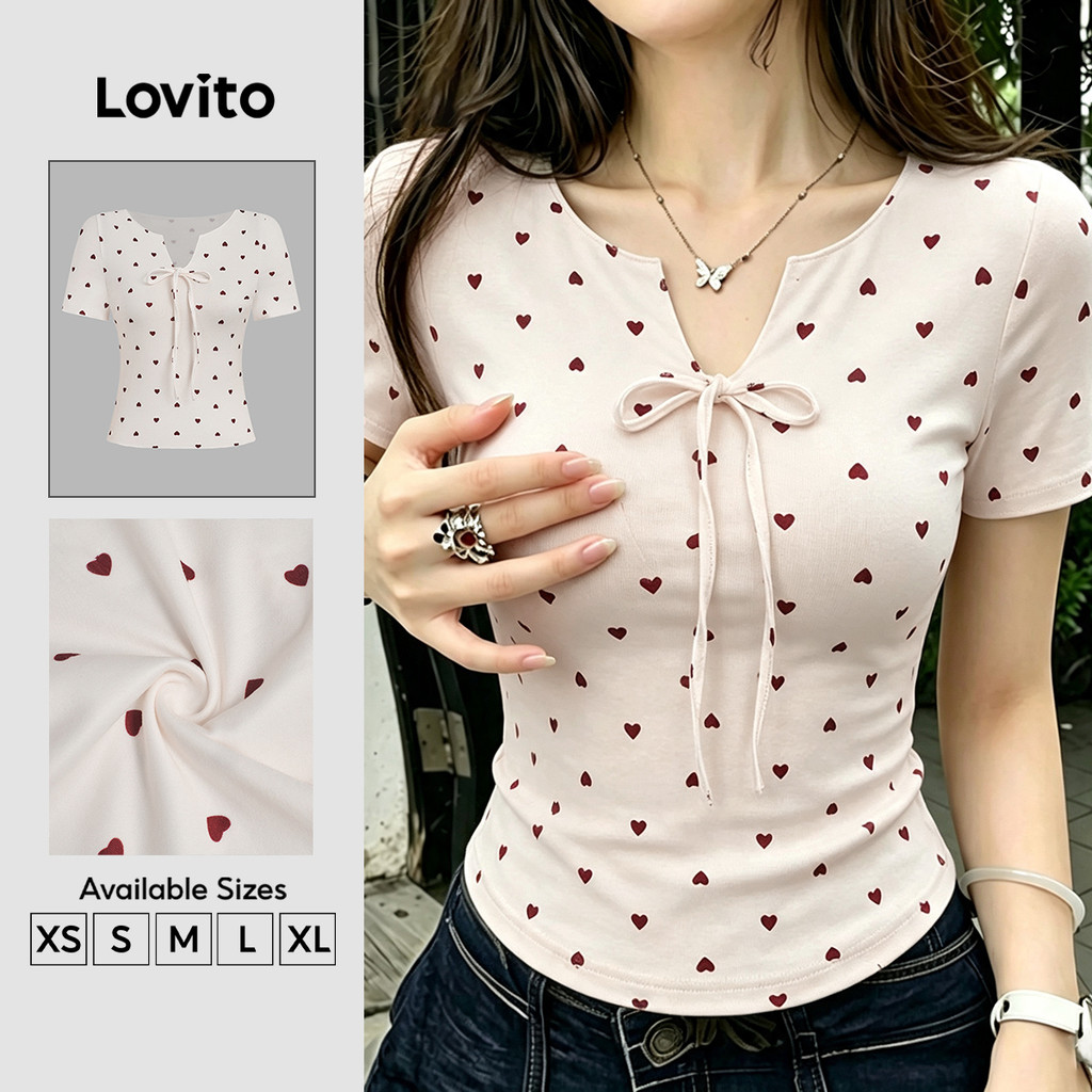 Lovito Camiseta Casual com Laço Frontal em Formato de Coração Primavera/verão Off White para Mulheres TSB202P2D060