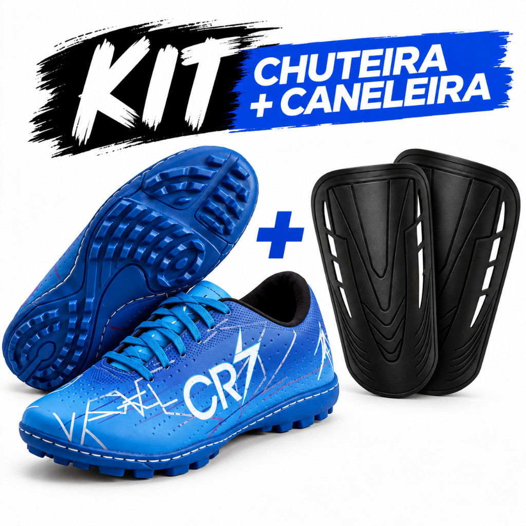 Kit Chuteira Society Masculina + Caneleira Futebol Grama Sintética Confortável Envio Imediato