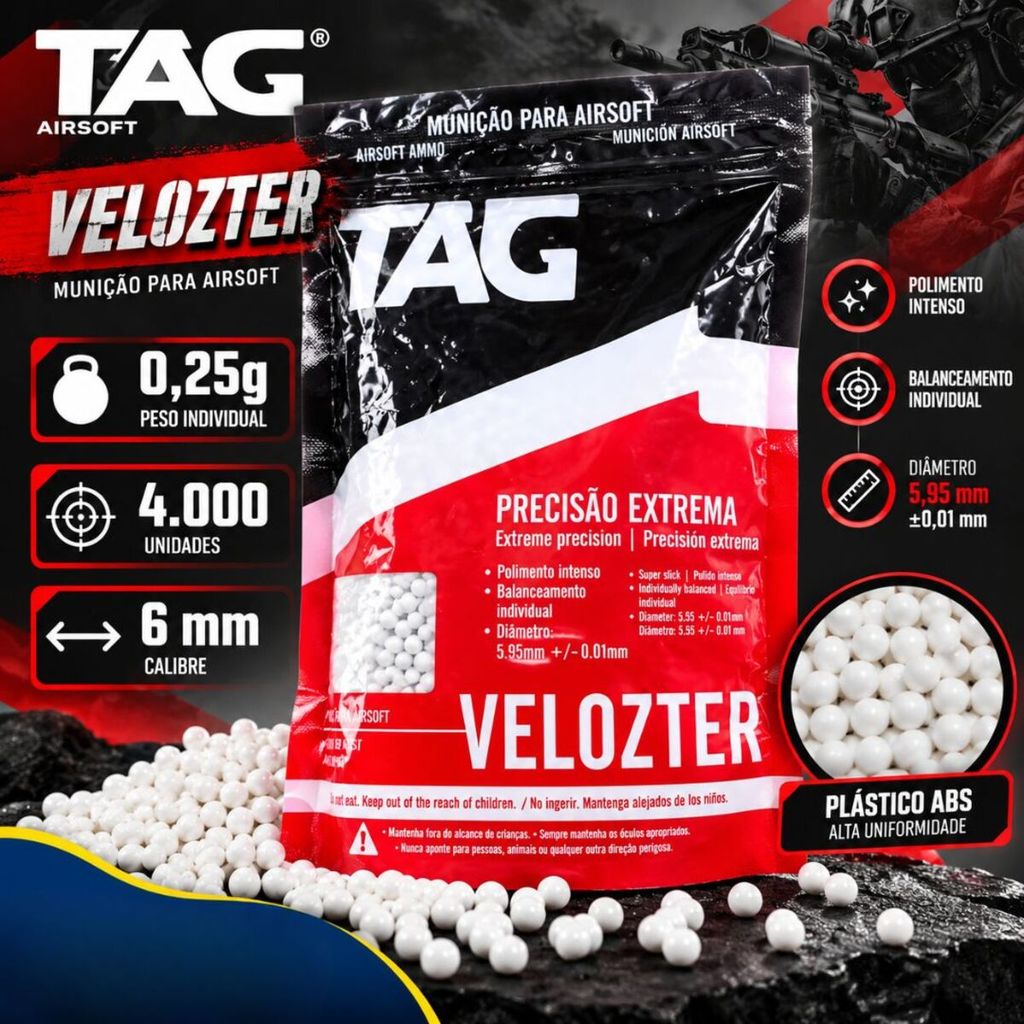 Esferas TAG BBs Airsoft Velozter 0,25g 6mm 4.000 Unidades