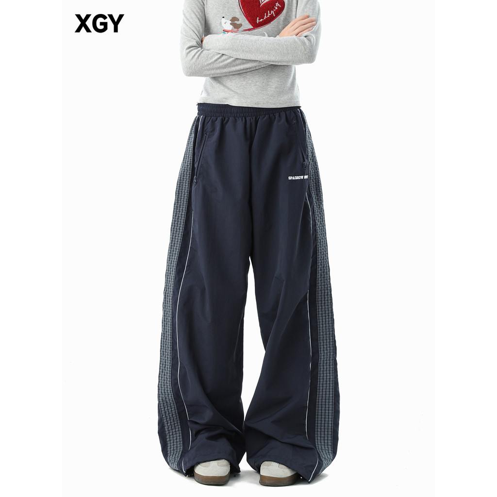 Estilo americano lado retalhos Design calças casuais masculino Street Wear miu série xadrez costura estilo Hip-Hop All-M