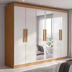 Guarda-Roupa Casal 6 Portas Easy Slim com Espelho Amendoa/Off White