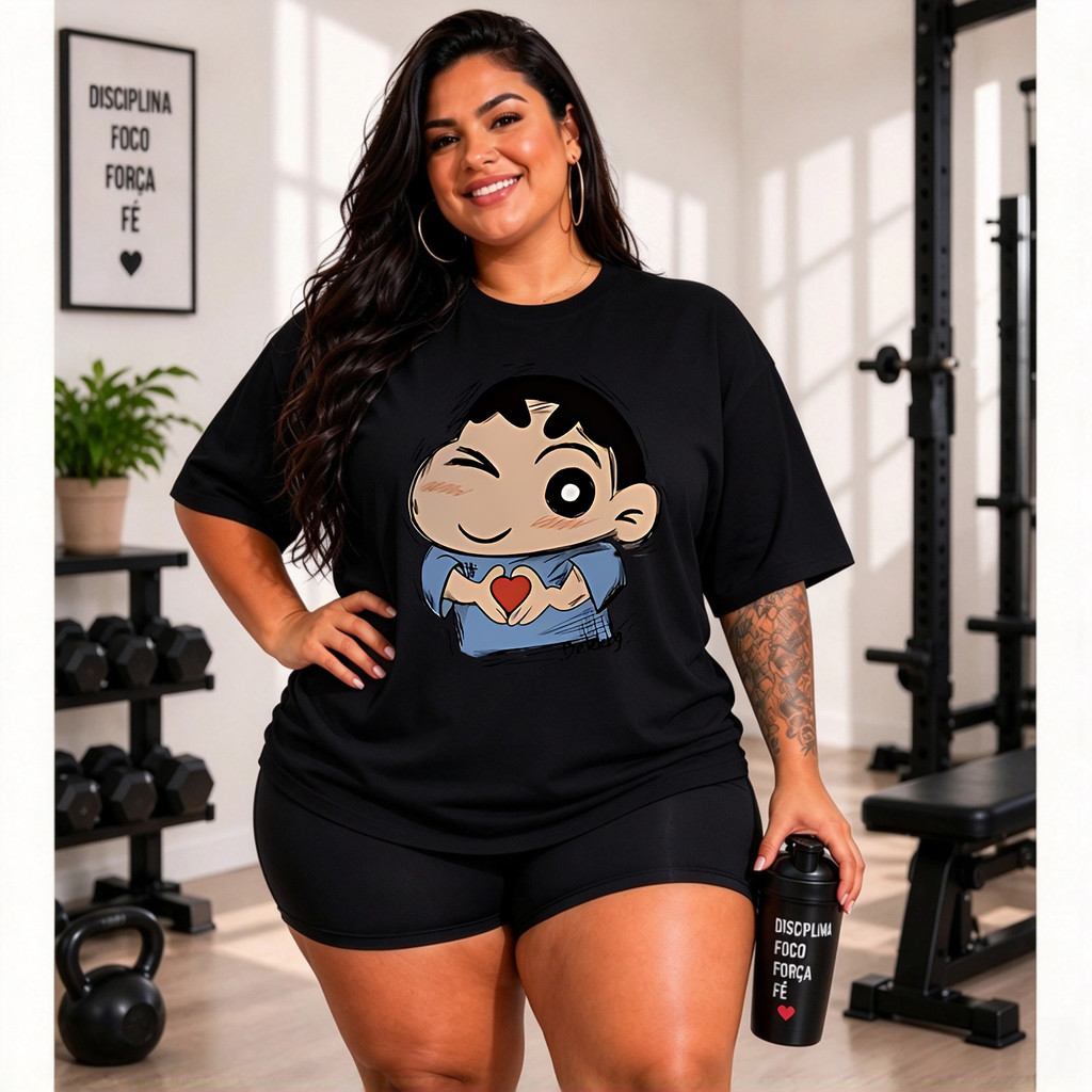 [Camiseta Premium em Algodão Puro] MOMO Anime Shin Chan Personagem Fofa Estampa Divertida Feminina Manga Curta P-G3