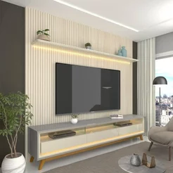 Rack com Painel Ripado Impresso TV até 90 Polegadas LED 100% MDF 224x250cm Pés em Madeira Maciça Cinza/Off White