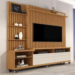 Estante e Home Theater Ripado para TV até 60 Polegadas MDF 180cmx190cm Rodízios Nobre Marrom Nature/Off White