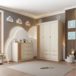 Conjunto Quarto de Bebê MDF Ayla com Guarda-Roupa 3 Portas e Cômoda Off White Off White