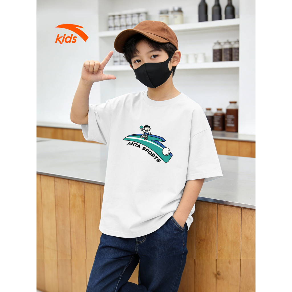 Anta crianças camiseta de manga curta meninos branco impresso em torno do pescoço puro algodão macio confortável moda es