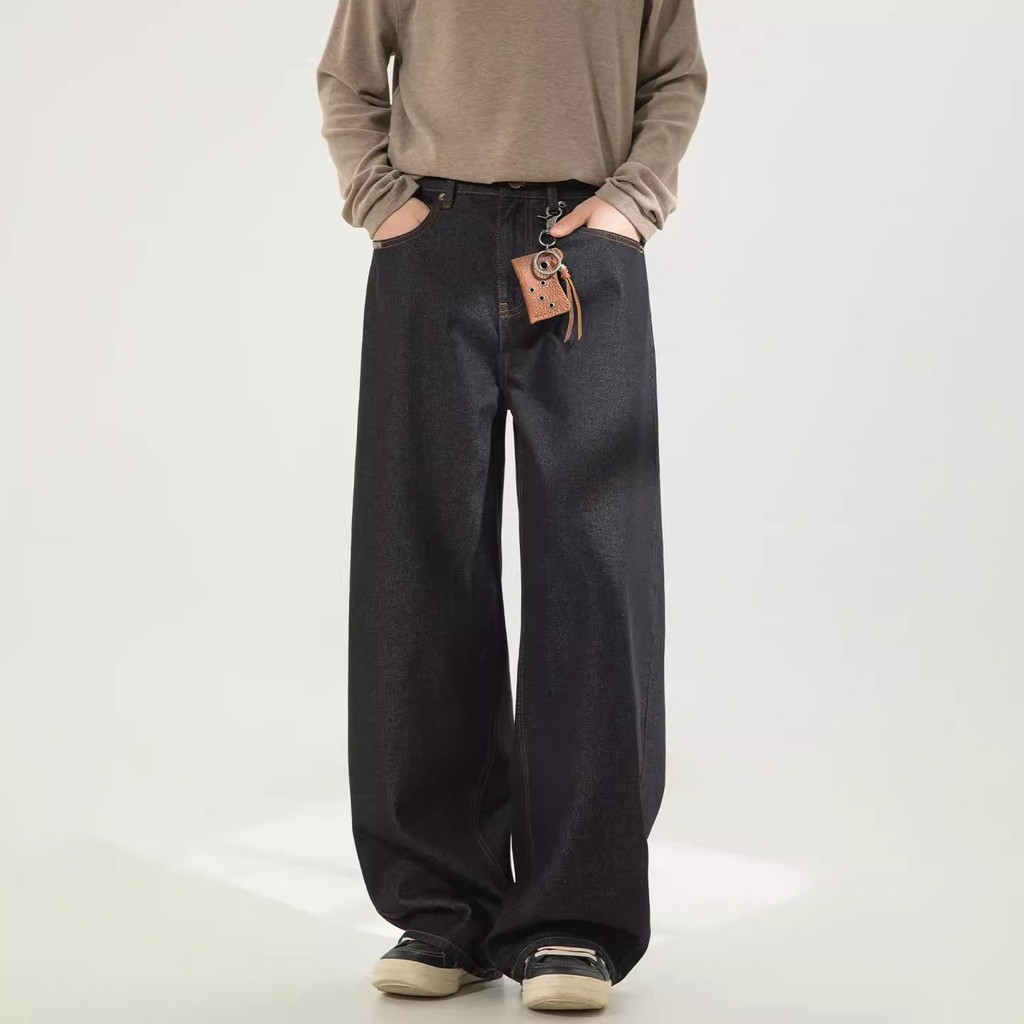 Calças de brim masculinas americanas Street Wear solto Casual em linha reta calças compridas primavera outono contraste 