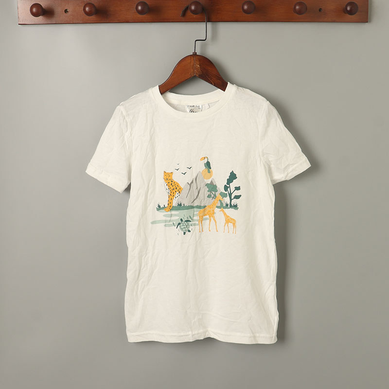 Comércio exterior crianças meninas puro algodão macio fino manga curta camiseta em torno do pescoço pulôver 120-130cm