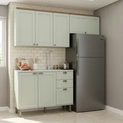 Cozinha Compacta Modulada 3 Peças 100% MDF 2 Armários Aéreos e Balcão para Pia sem Tampo Iluminata Verde Mint Verde