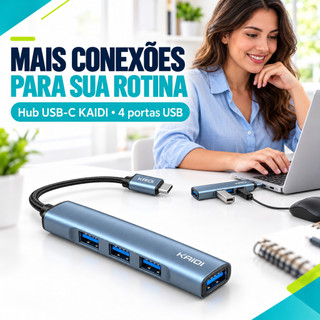 Hub USB 3.0 4 Porta de Entrada com Saida Tipo C Kaidi KD-3801 Super Rapido Mouse Teclado Hd