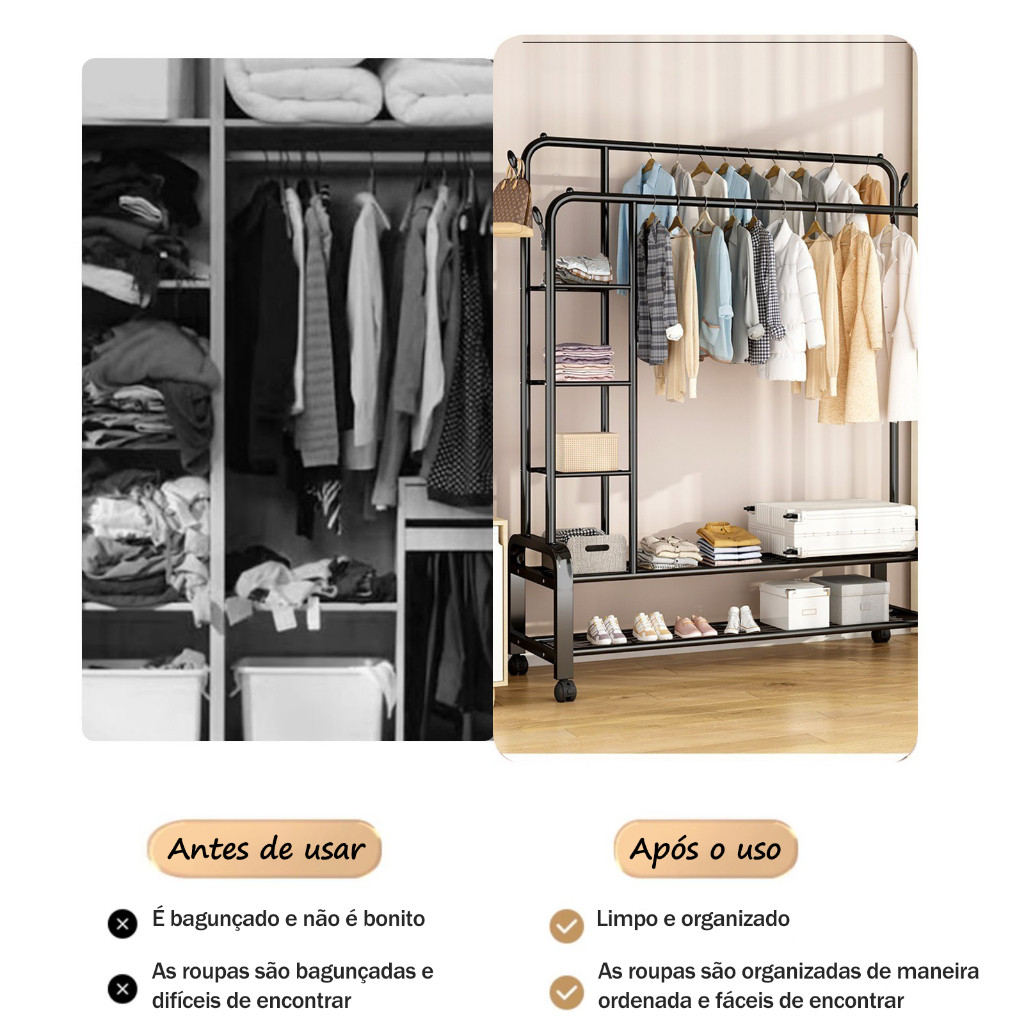 Arara de Roupas Cabideiro de Chão 5 em 1, Sapateira e Prateleira Compacta para Quarto e Sala — imagem 2 de 2
