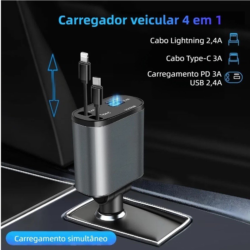 Carregador de Carro 4 em 1 Cabo Retrátil Carregamento Rápido para iPhone e Android — imagem 2 de 2