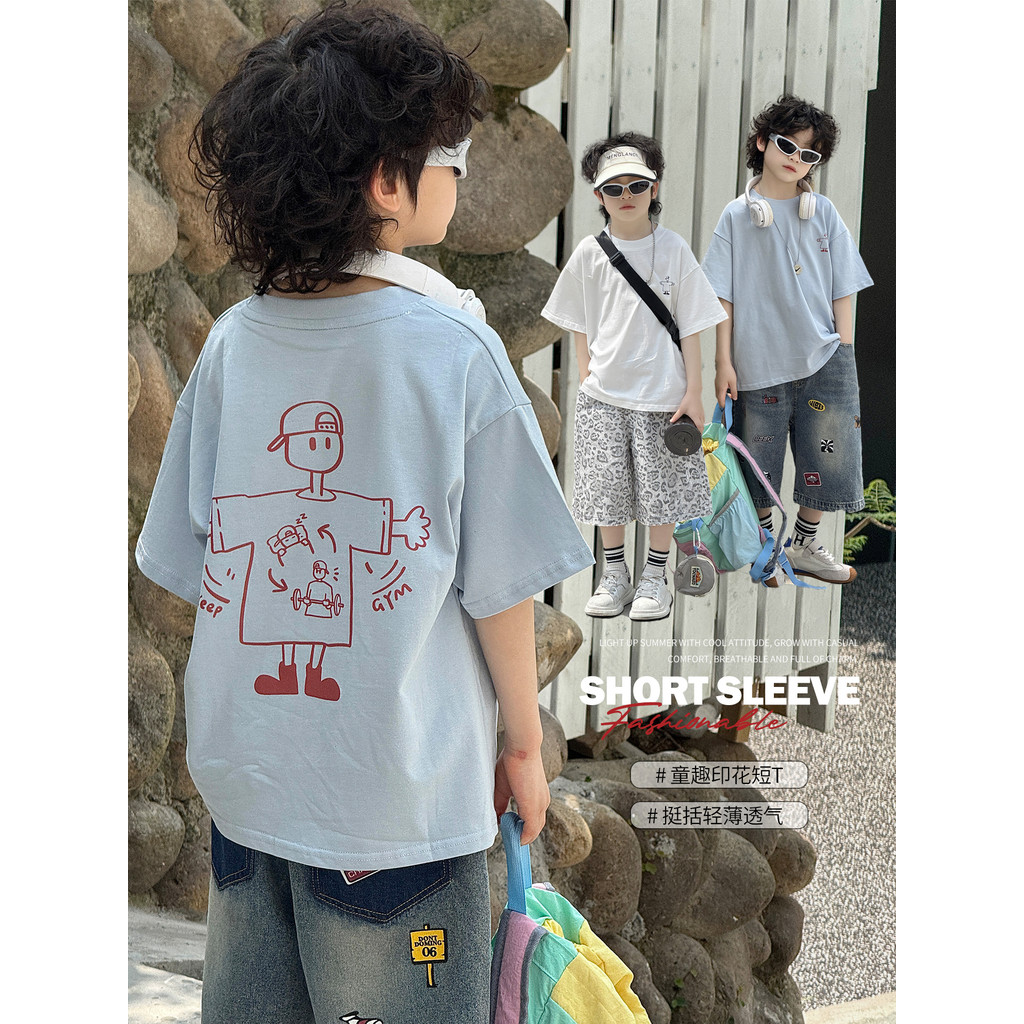 Meninos camiseta de manga curta verão 2026 novo estilo versão coreana solta volta impressa algodão das crianças topo mod