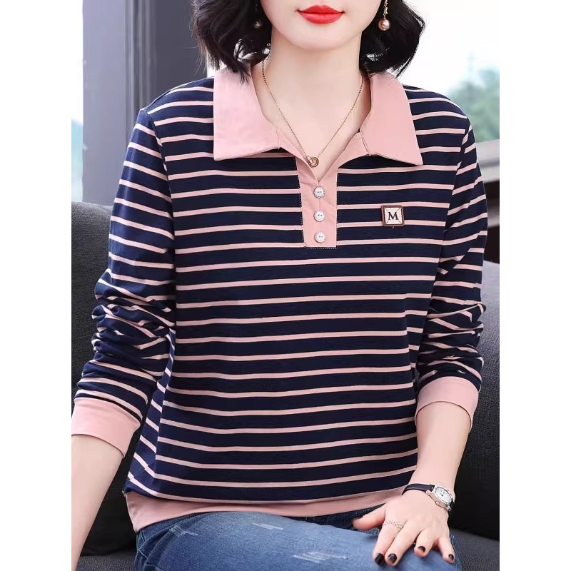 Mãe de meia-idade cor-bloqueando listrado puro algodão manga comprida camiseta feminina novo estilo primavera outono Bot