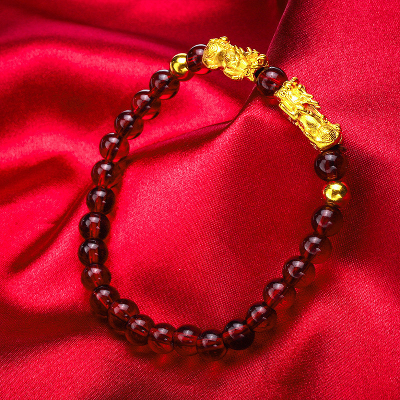 Senhoras moda jóias pixiu transferência grânulo pulseira borgonha feminino 6mm pixiu pulseira