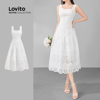 (Lovito Refine) Vestido Casual Feminino Em Algodão Branco Com Bordado Floral Vazado E Barra Com Babados LR11ED070 em Oferta na Shopee