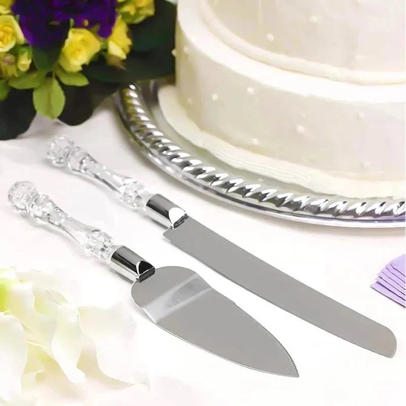 Kit Conjunto Espatula e Faca para Bolo, Tortas, Pães em Inox e Cabo Cristal