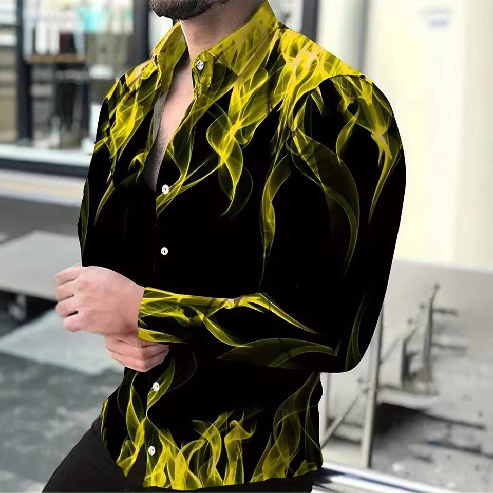 Camisa Masculina Moda Textura Estampada Camisa Masculina de Lapela de Manga Comprida