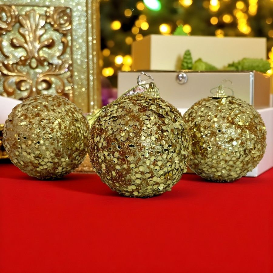 Bolas de Natal em Tubo - Ouro com Lantejoulas - 10cm - 3 unidades - Rizzo em Oferta na Shopee