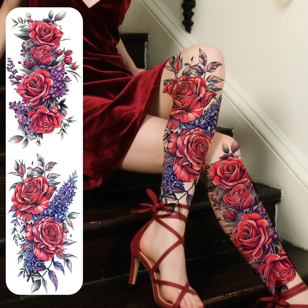 2 Peças Adesivos De Tatuagem Temporária De Flor Roxa Vermelha Para Mulheres , Falsa À Prova D'água E De Longa Duração Br