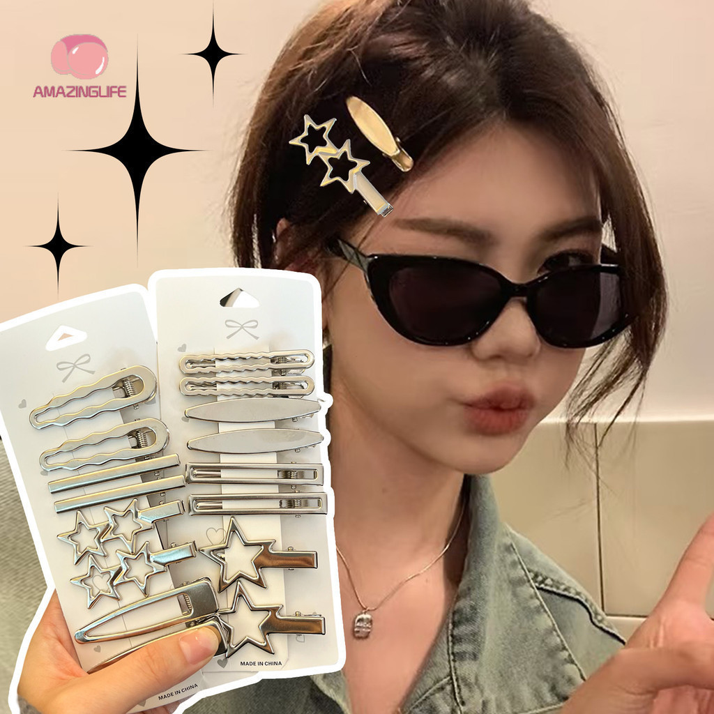 24 Pçs/Set Coreano Y2K Estilo Metal Pato Billed Grampo De Cabelo Conjunto-Doce Oco Out Pentagrama Decoração Minimalista