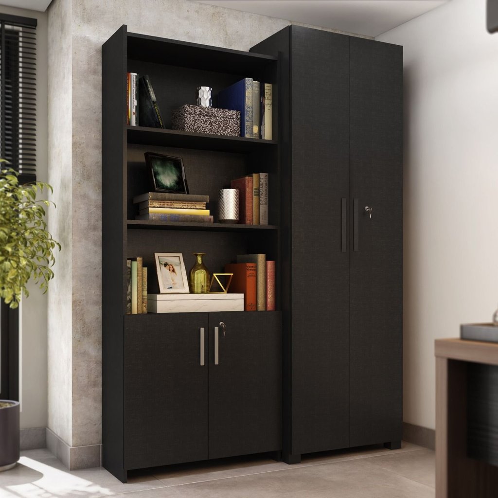 Kit Armários para Escritório Semi Aberto 2 Portas e Armário Alto com Chave Preto Tx em Oferta na Shopee